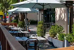 Thumbnail of tables al fresco at Bistro Elan's parklet, vibrant plants and trees enhancing the charming Silicon Valley atmosphere.