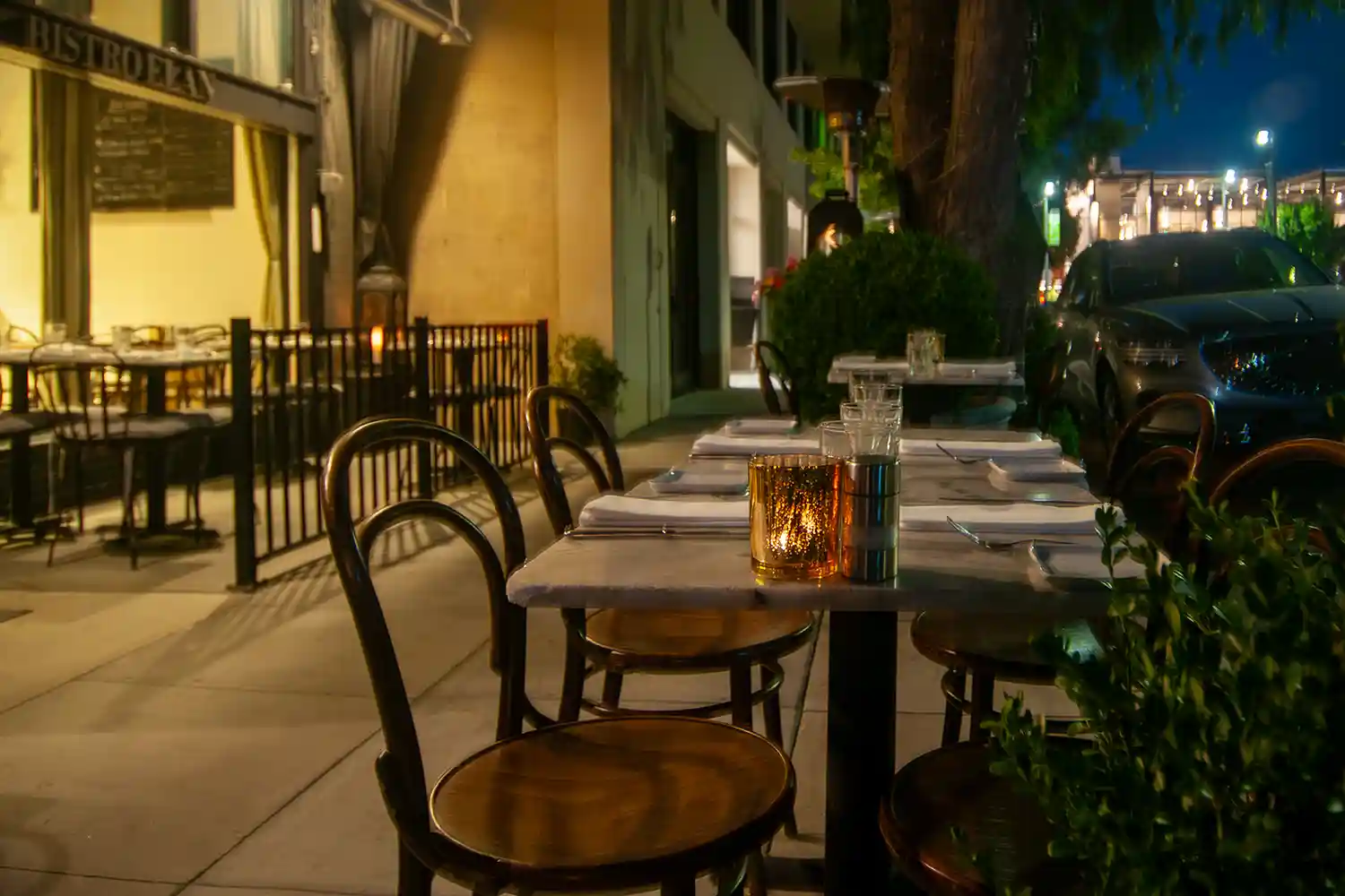 View of Bistro Elan's patio, near California Avenue in Palo Alto, is a tranquil oasis in the heart of Silicon Valley. Enjoy a leisurely meal or a refreshing beverage at one of the tables.